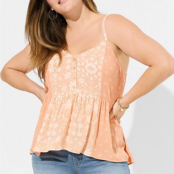 ❤️NWT VINTAGE TORRID TANK BABYDOLL WASHABLE CRINKLE GAUZE PEACH FLORAL PLUS TEE - Picture 1 of 13